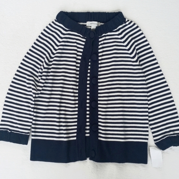 Merona Navy Blue White Stripe Rayon Blend 3/4 Sleeve Button Up Cardigan XS - Picture 3 of 16